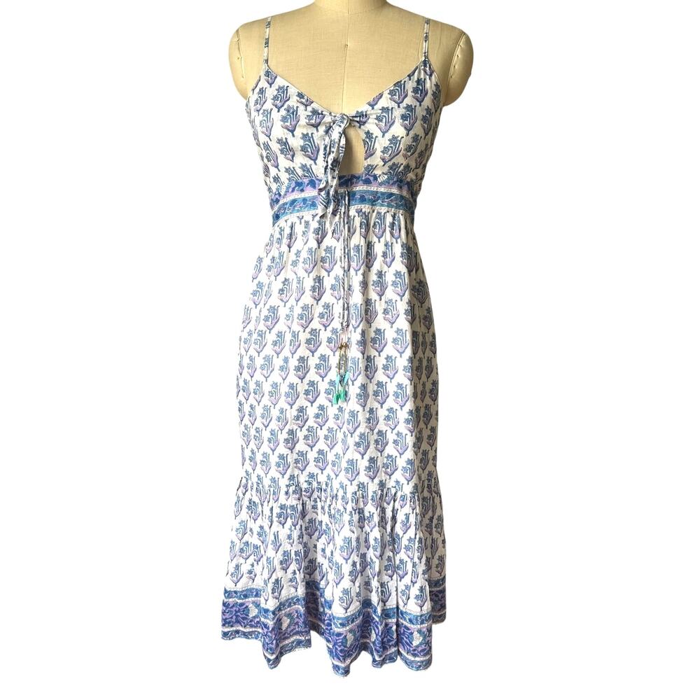 Bell by Alicia Bell Alexa Midi Dress in Blue Block Print Cotton Silk Size Small